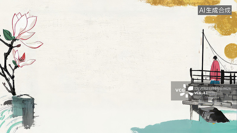 【AI数字艺术】水墨画两侧-水墨画背景壁纸1桥畔独坐，花影相伴图片素材
