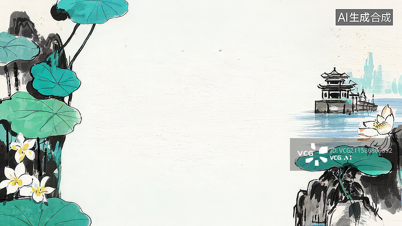 【AI数字艺术】水墨画两侧-水墨画背景壁纸1荷塘月色与古亭图片素材