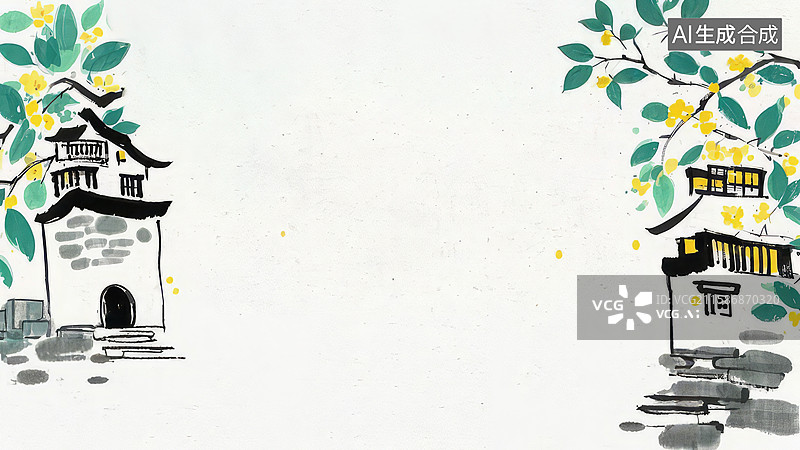 【AI数字艺术】水墨画两侧-水墨画背景壁纸1古典建筑与绿树黄花的水墨画图片素材