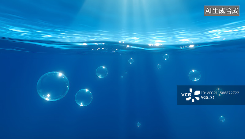 【AI数字艺术】清澈海水中泡泡漂浮的宁静场景图片素材