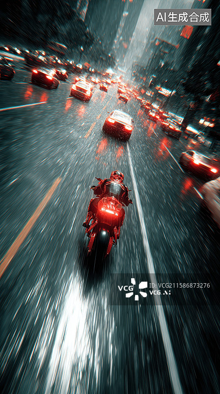 【AI数字艺术】雨夜高速公路上的红色摩托车图片素材