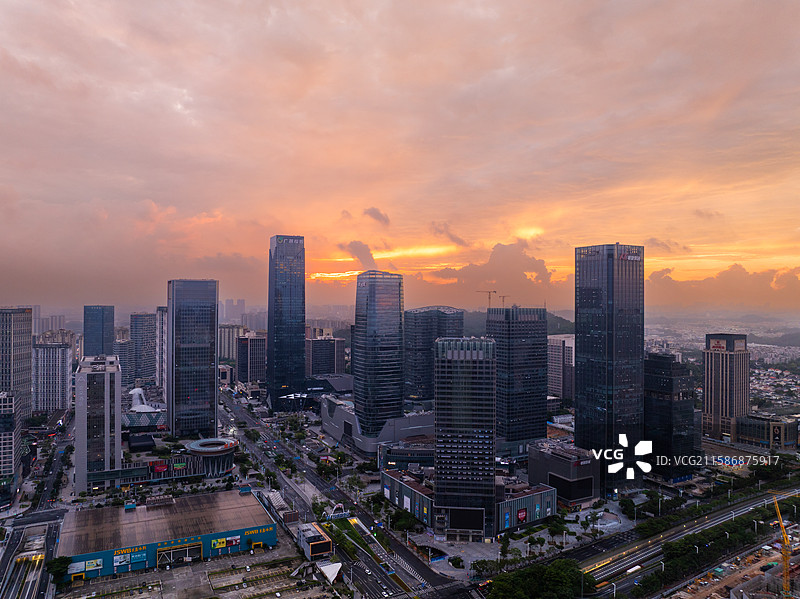 广东省广州市番禺万博CBD朝霞日出航拍图片素材