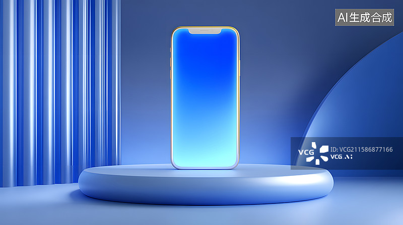 【AI数字艺术】蓝色极简场景中的悬浮手机图片素材