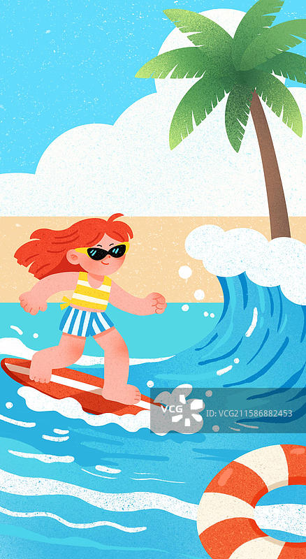 女孩欢乐冲浪的夏日海滩图片素材