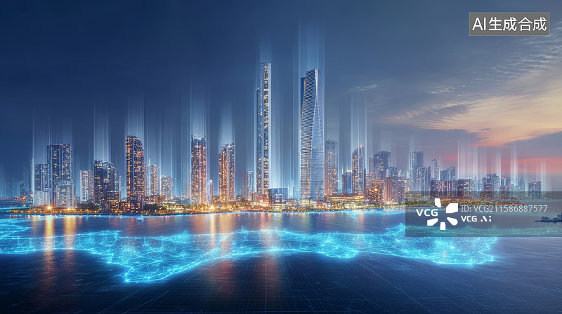【AI数字艺术】现代城市天际线与数字连接图片素材