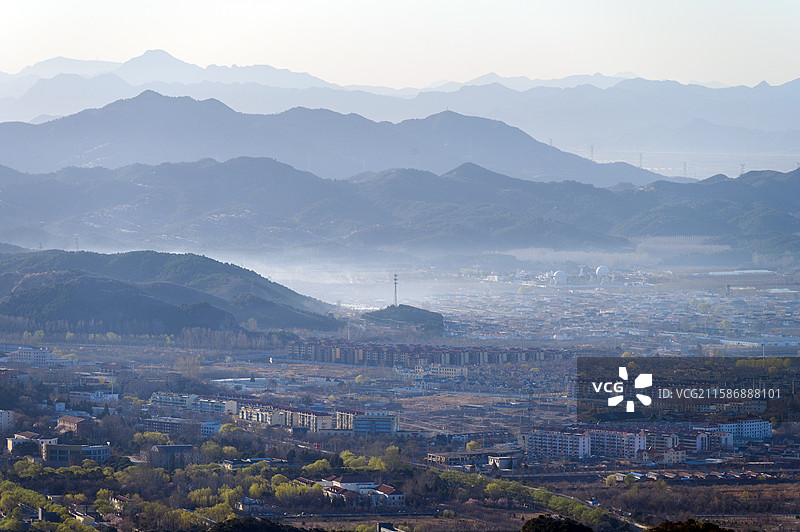 北京密云城区城市雾气航拍图片素材