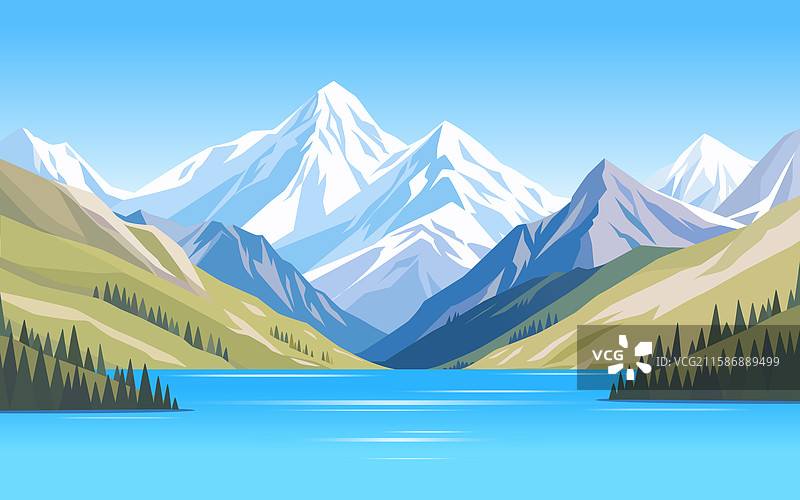 高原雪山湖泊自然风光插画背景图片素材