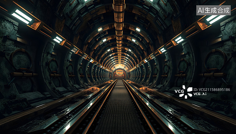 【AI数字艺术】带轨道的地下金矿隧道背景图片素材