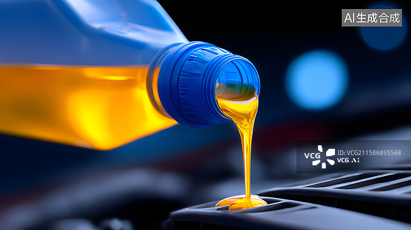 【AI数字艺术】蓝色机油倒入汽车发动机提升性能图片素材
