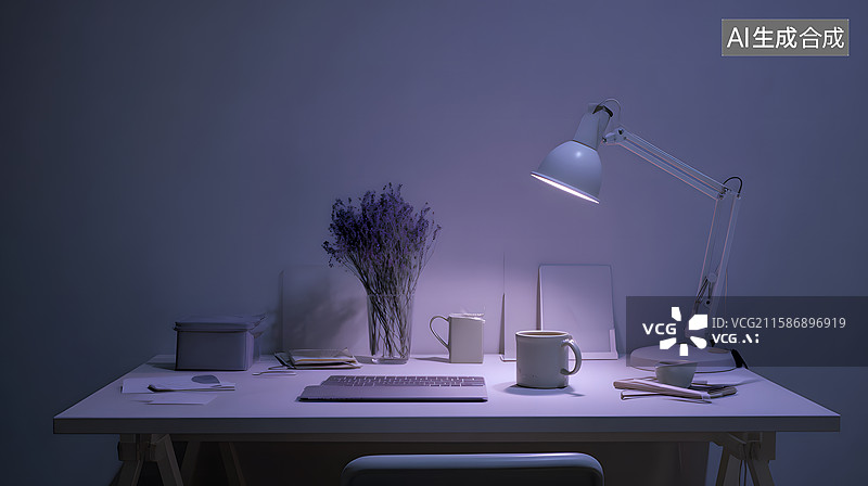 【AI数字艺术】办公桌面，台灯，笔记本，盆菜，咖啡杯，加班场景图片素材