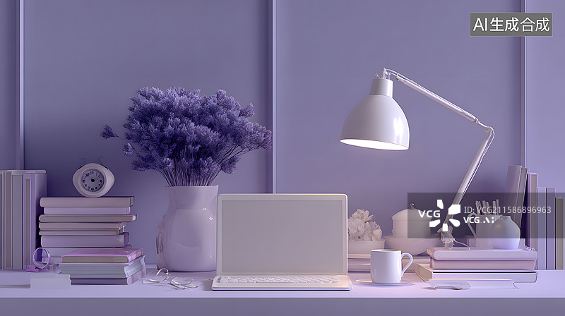 【AI数字艺术】办公桌面，台灯，笔记本，盆菜，咖啡杯，加班场景图片素材