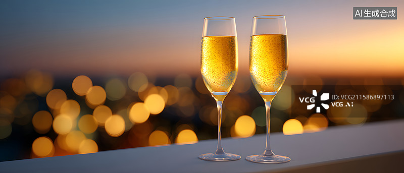 【AI数字艺术】屋顶日落香槟酒杯浪漫景观图片素材