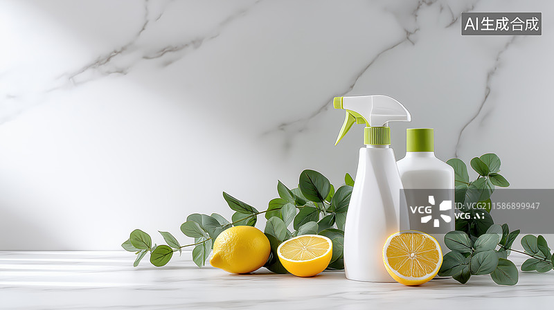 【AI数字艺术】清新柠檬与绿植相伴的清洁用品图片素材