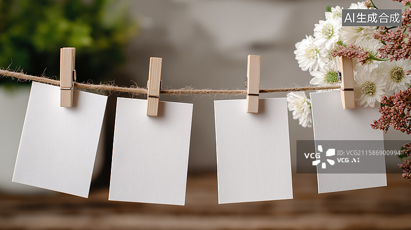 【AI数字艺术】空白照片纸与木夹悬挂于绳上图片素材