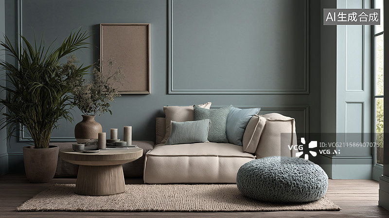 【AI数字艺术】现代简约蓝调客厅，温馨舒适的家居氛围图片素材