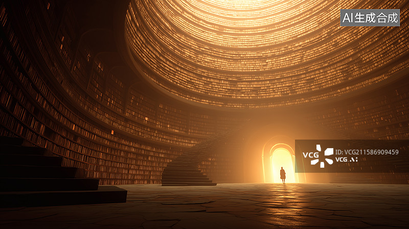 【AI数字艺术】神秘图书馆：光芒指引下的探索图片素材