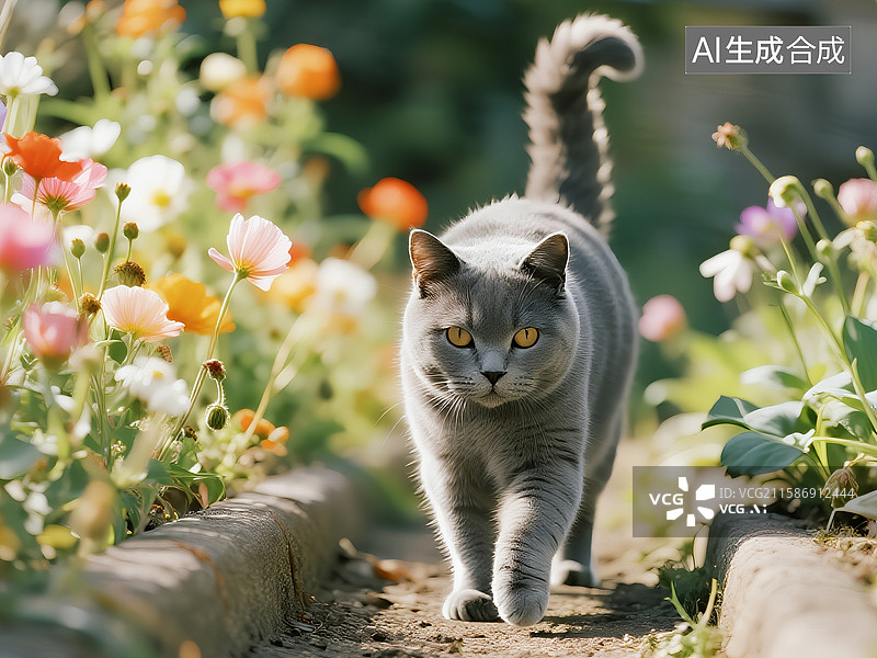 【AI数字艺术】英国短毛蓝猫在花园2图片素材