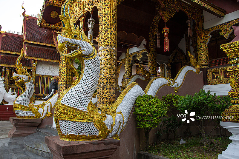 泰国清迈华化寺 寺庙建筑 金碧辉煌的正面和门前的白龙图片素材