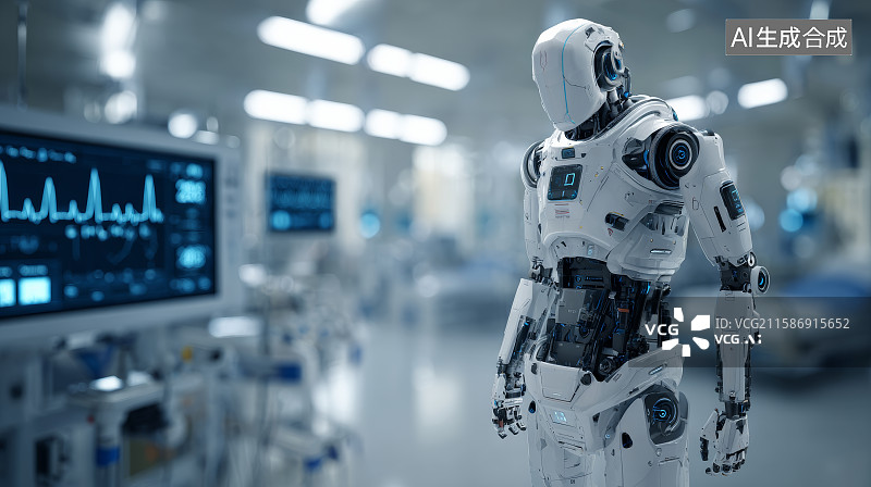 【AI数字艺术】白色医疗机器人在监护设备前工作图片素材