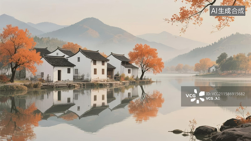 【AI数字艺术】秋日湖畔村落图片素材