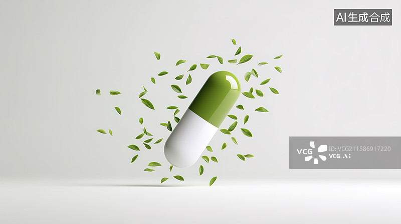 【AI数字艺术】绿色健康胶囊营养品中药补剂创意插画图片素材