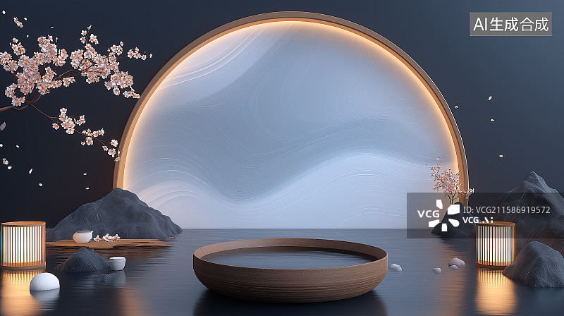 【AI数字艺术】传统中国风产品展台——微缩园林、花、水、假山图片素材