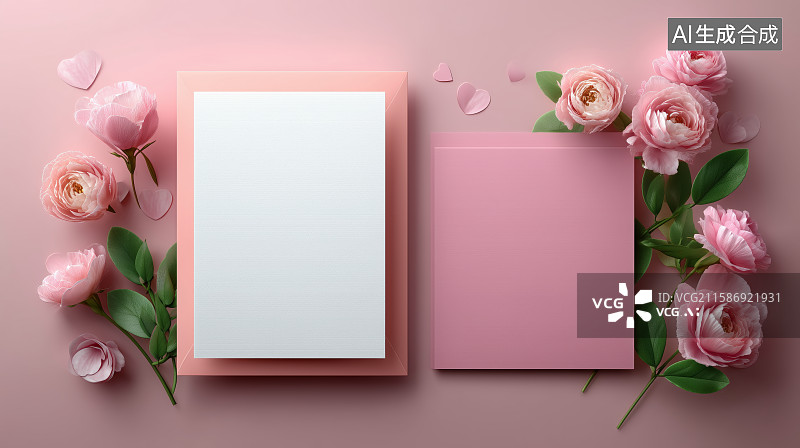 【AI数字艺术】粉色信封与玫瑰花的温馨布置图片素材