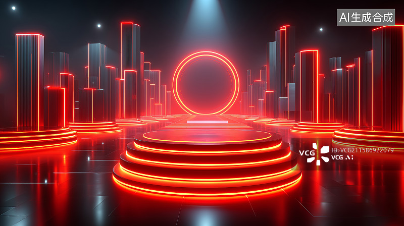 【AI数字艺术】霓虹灯框的未来科技走廊图片素材