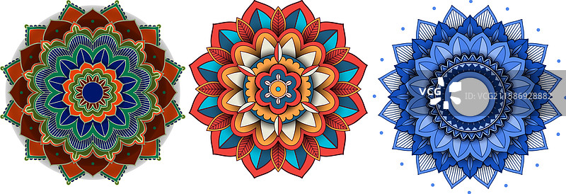 三幅复杂的曼荼罗，展现出鲜艳的色彩图片素材