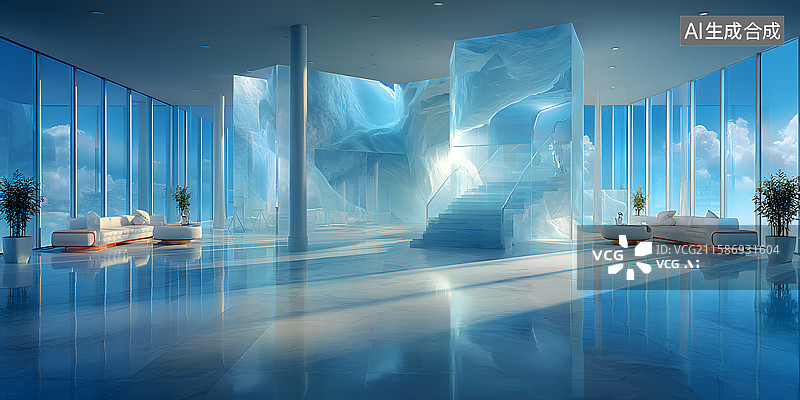 【AI数字艺术】蓝色透亮室内空间图片素材