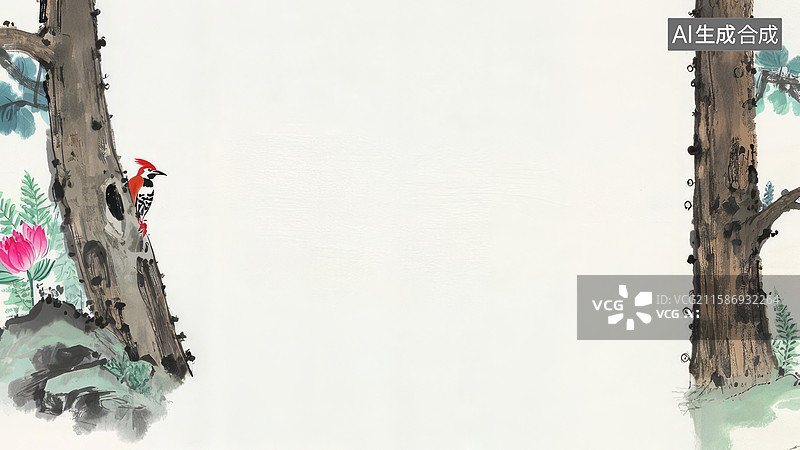 【AI数字艺术】水墨画两侧-水墨画背景壁纸-树干上的啄木鸟图片素材