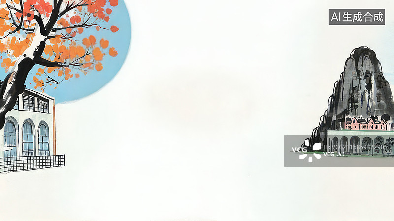 【AI数字艺术】水墨画两侧-水墨画背景壁纸-秋日建筑与山景插画图片素材