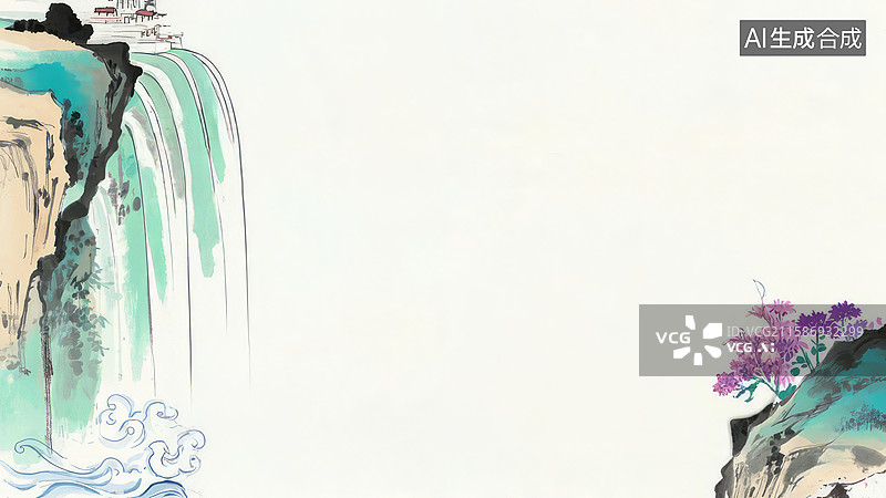 【AI数字艺术】水墨画两侧-水墨画背景壁纸-山水画中的瀑布与紫花图片素材