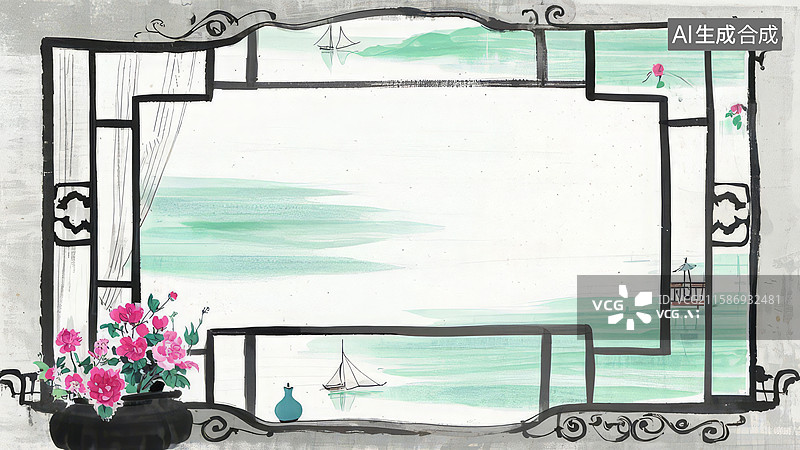 【AI数字艺术】水墨画最大-水墨画背景壁纸-窗框中的海景与花卉装饰图片素材