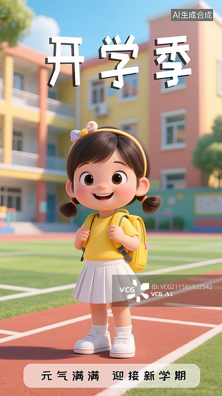 【AI数字艺术】3D卡通背着书包站在操场的女孩开学季海报图片素材