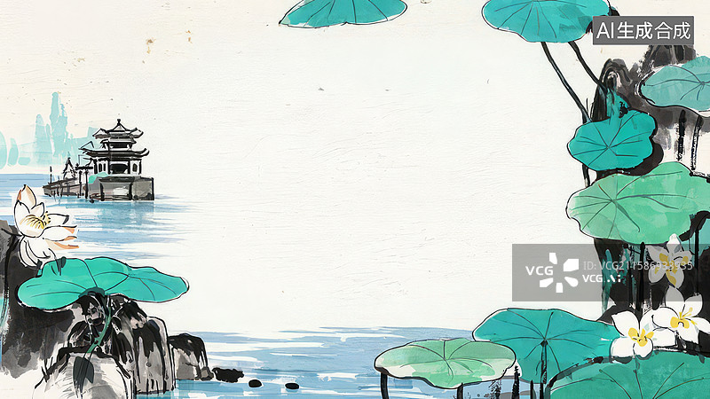 【AI数字艺术】水墨画最大-水墨画背景壁纸2荷塘水阁，古典意境图片素材