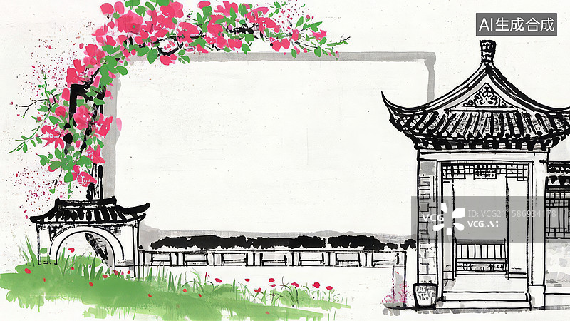 【AI数字艺术】水墨画最大-水墨画背景壁纸2古典园林与花藤拱门图片素材