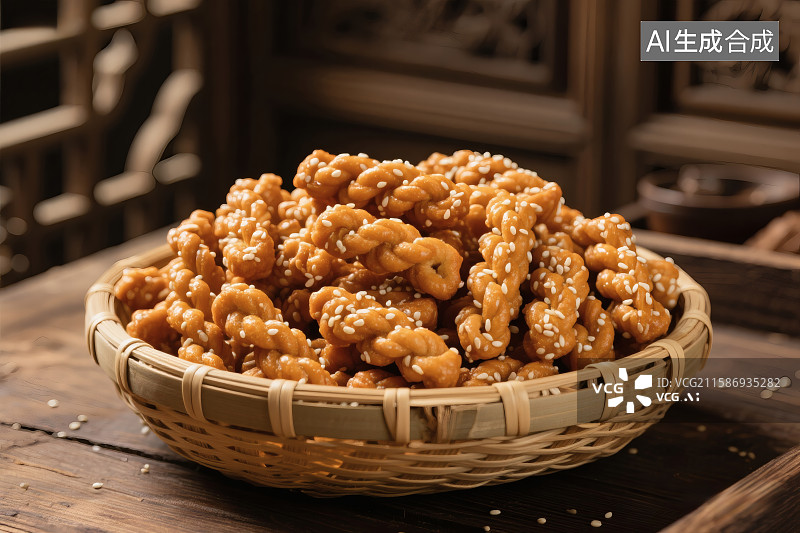 【AI数字艺术】木桌上，竹篮中的美味的麻花，上面撒着白芝麻图片素材