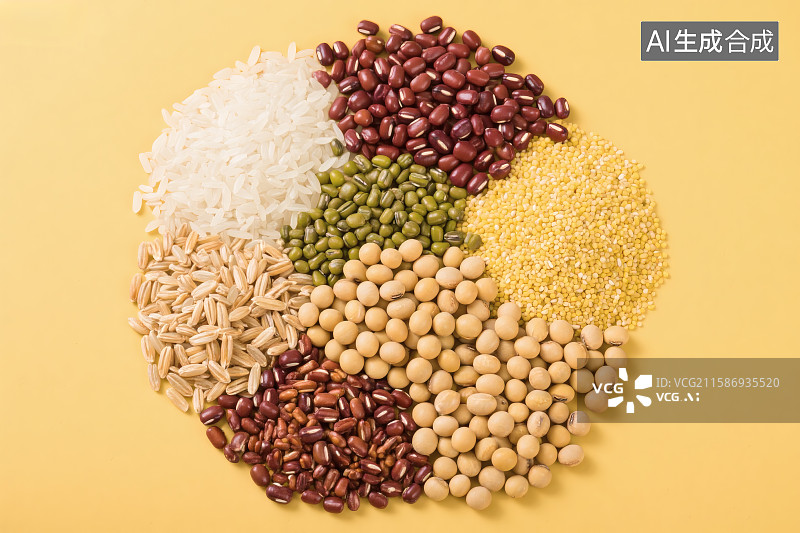 【AI数字艺术】黄色背景，五谷杂粮，种类丰富的各类杂粮图片素材
