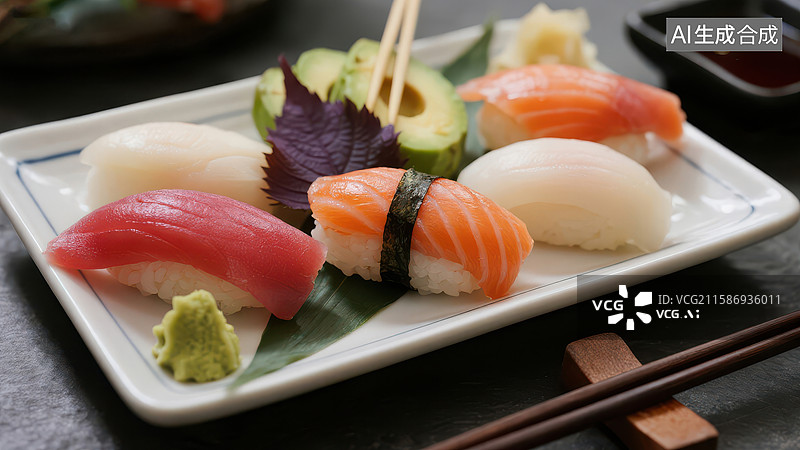 【AI数字艺术】精致寿司拼盘，配以紫苏和芥末图片素材