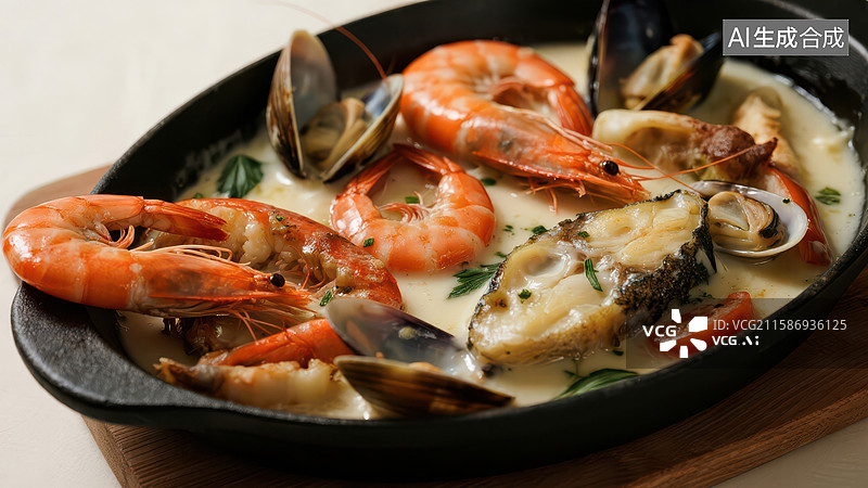 【AI数字艺术】海鲜锅：虾、贻贝和鱼的美味组合图片素材