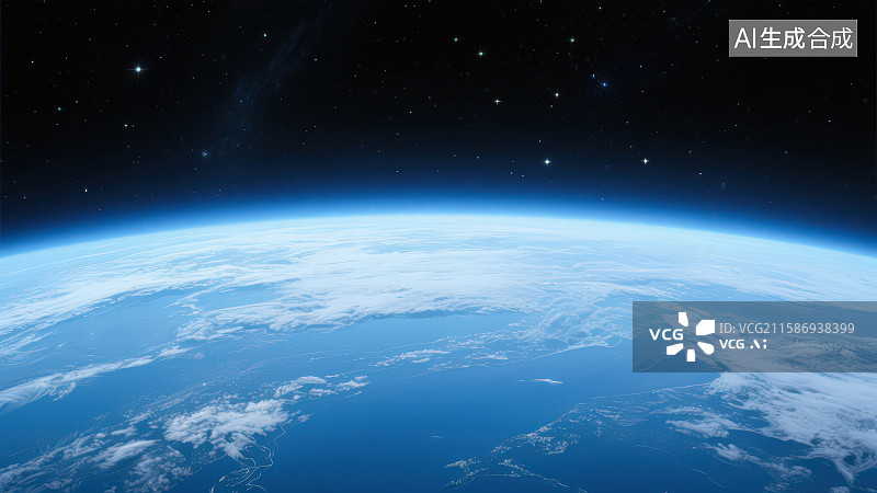 【AI数字艺术】从太空视角看地球呈现出蓝色的弧形轮廓表面有海洋和云层的纹理，宇宙空间地球行星全球信息网络数据科技背景图片素材