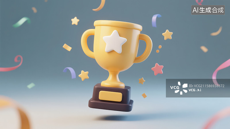 【AI数字艺术】3D渲染周围飘出彩带和小星星中间有白色五角星杯身金黄色卡通奖杯图片素材
