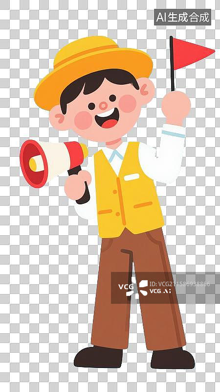 【AI数字艺术】3D渲染免抠图形元素戴着黄色帽子穿着黄色马甲背心手举着扩音器另一只手举着小红旗的卡通人物导游形象图片素材