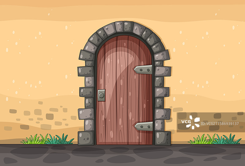 一扇嵌在石拱门中的木门图片素材