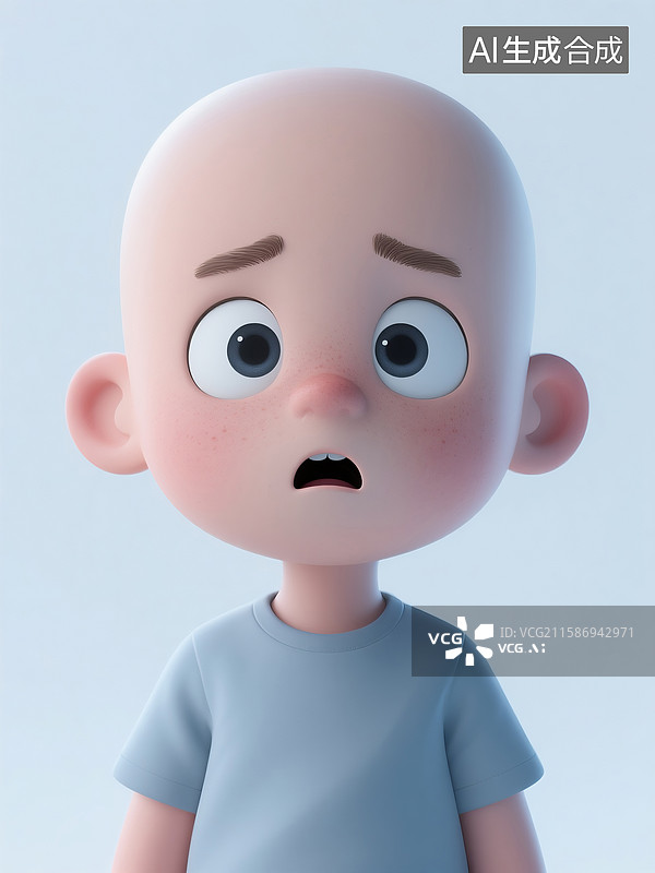 【AI数字艺术】3D渲染下生病光头惊恐眼神的大头男孩图片素材