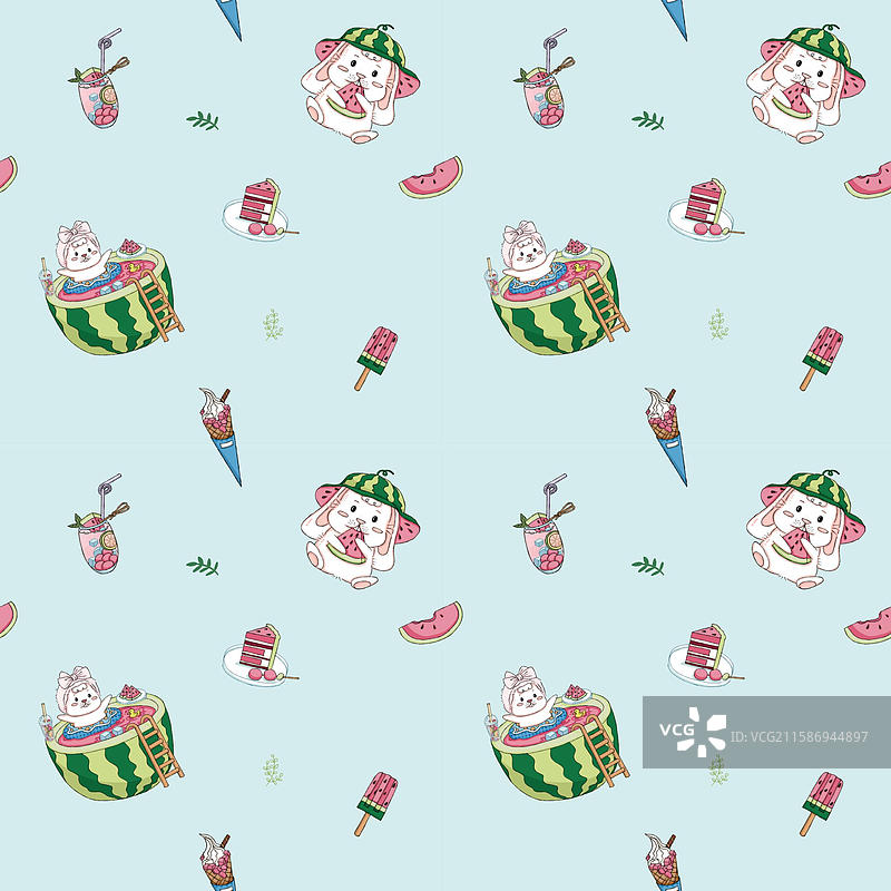 爱吃西瓜的兔兔四方连续纹样图片素材