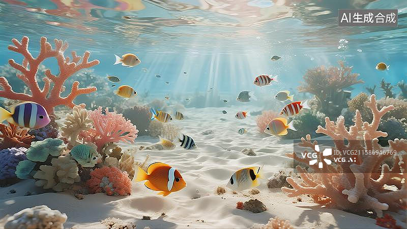 【AI数字艺术】海边沙滩海底珊瑚鱼群图片素材