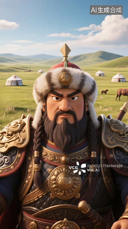 【AI数字艺术】蒙古大草原为背景，上面的蒙古包，蒙古帝国大汗，成吉思汗图片素材