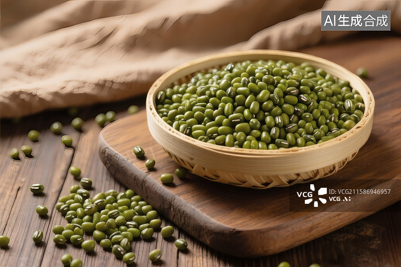 【AI数字艺术】木盘竹篮中的新鲜绿豆图片素材